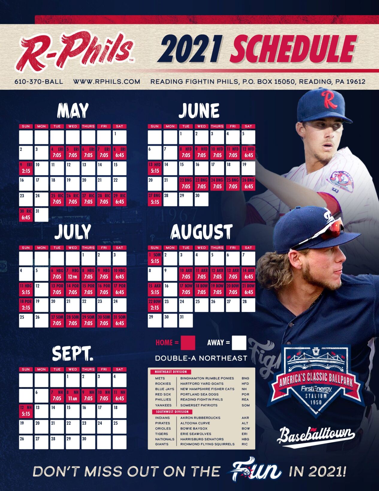 Reading Fightin Phils 2021 schedule with game times